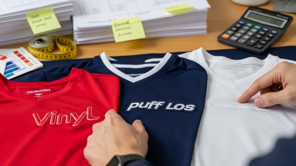 Designer comparing vinyl, puff, and heat transfer logos with order sheets Choosing the right printing method for your team