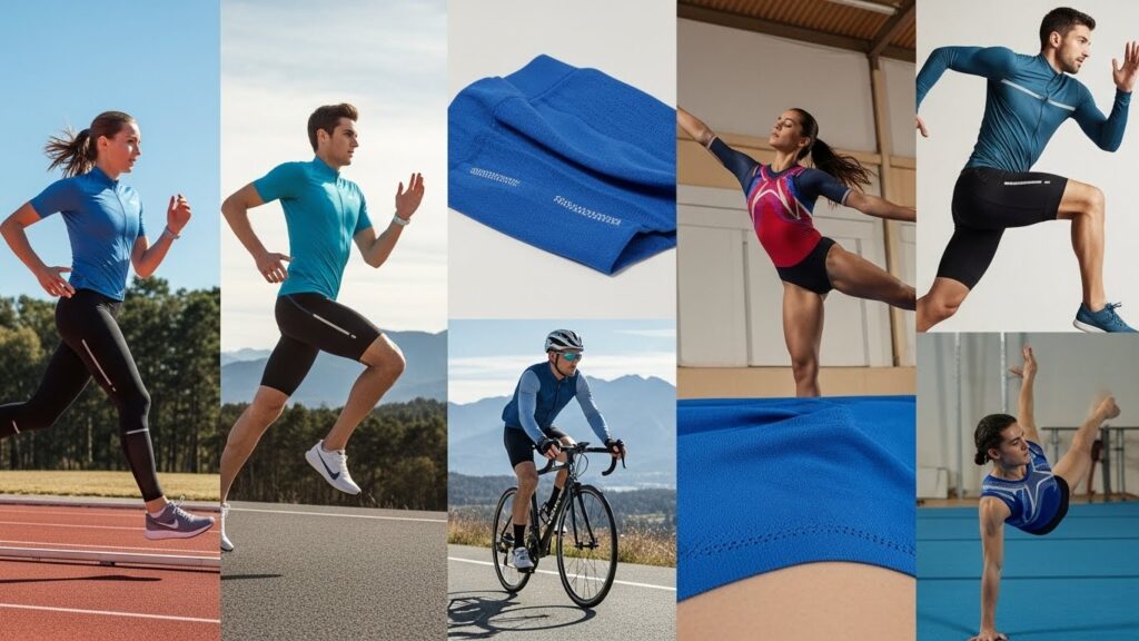 Athletes wearing various high-performance sportswear in motion, highlighting lightweight, breathable, and stretchable fabrics, dynamic sports setting, natural lighting.
