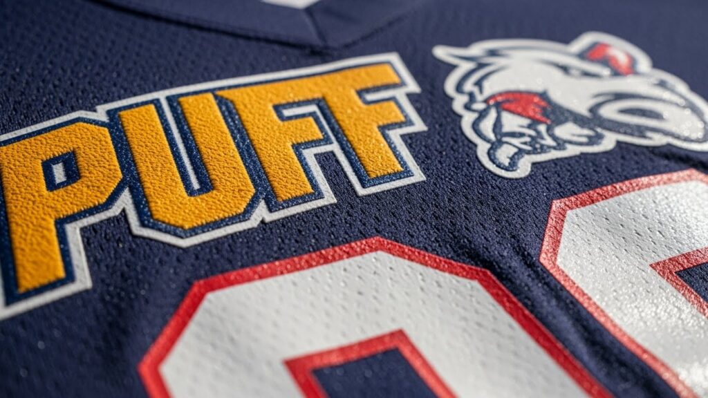 Vibrant team logo on jersey with puff and vinyl print Bushi Sports®