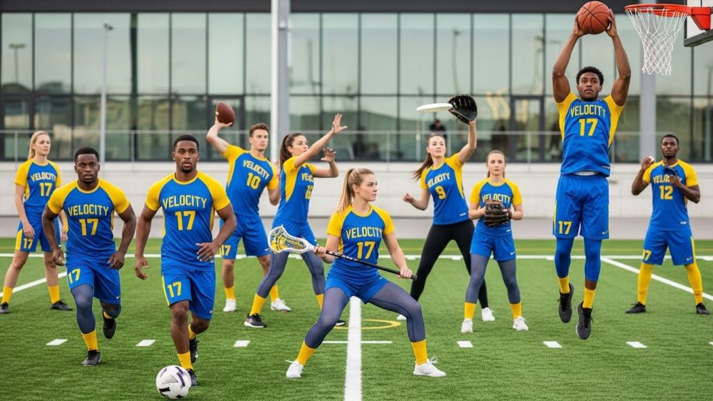 Athletes wearing polyester, mesh, and spandex sports uniforms” Description: “Team wearing custom sports uniforms in different fabric blends on field.