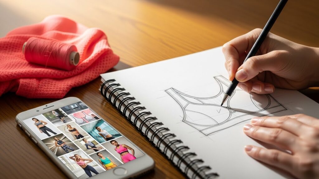 An entrepreneur's desk with a sportswear design sketch, fabric swatches, and a digital mood board, showcasing the creative first step.