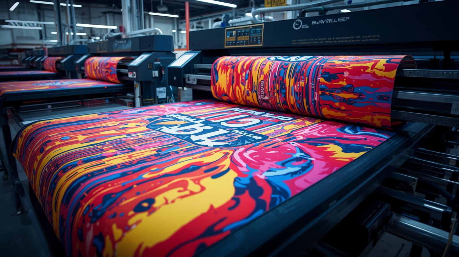 All-over print sports jerseys being produced using sublimation printing in a modern sportswear factory