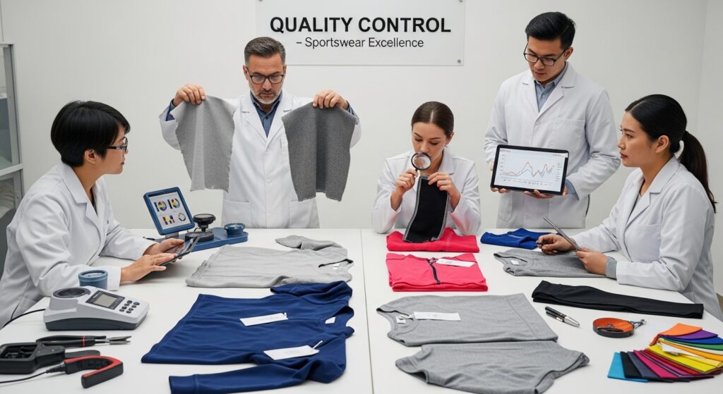 Sportswear team comparing cheap vs high-quality garments to demonstrate why cheap sportswear costs more over time