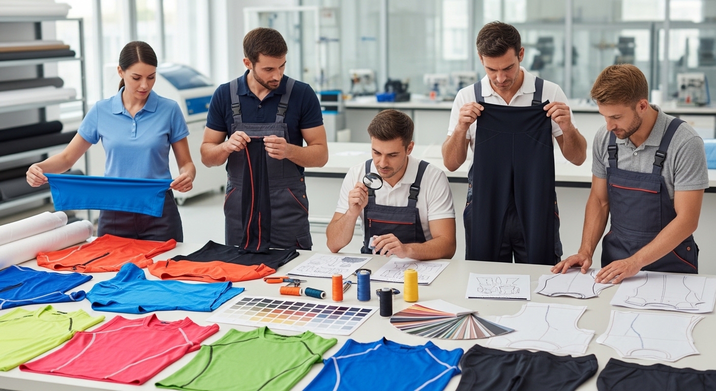 Sportswear brand team comparing samples for fabric quality, fit, and durability