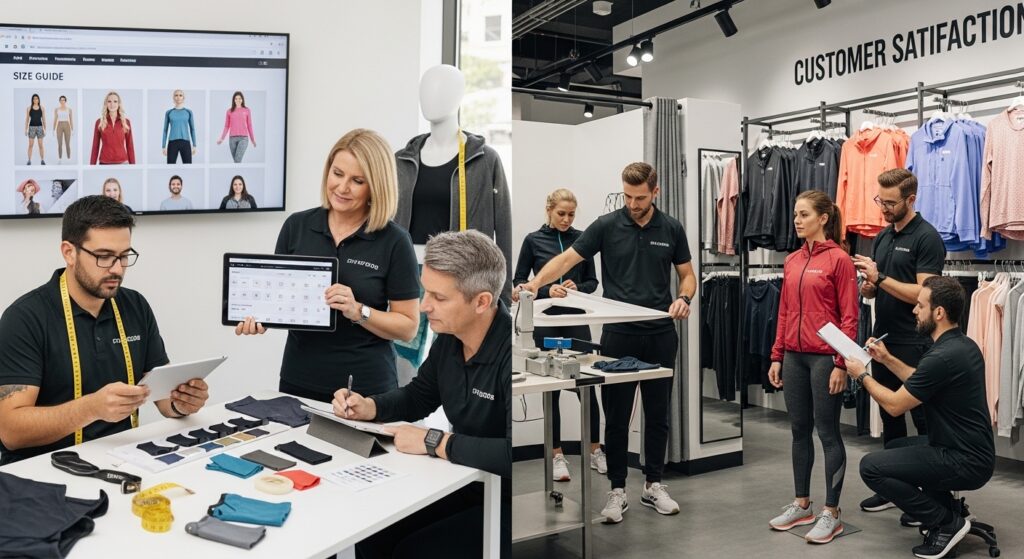 Retail sports brand team reviewing consistent sizing for apparel to improve customer retention
