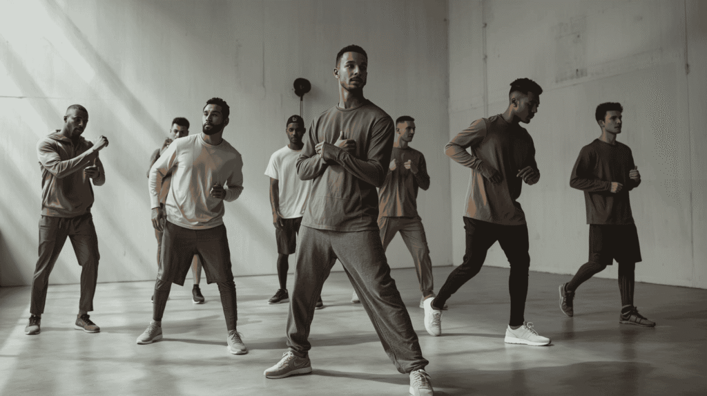 Diverse athletes wearing gender-neutral sportswear in a modern gym setting