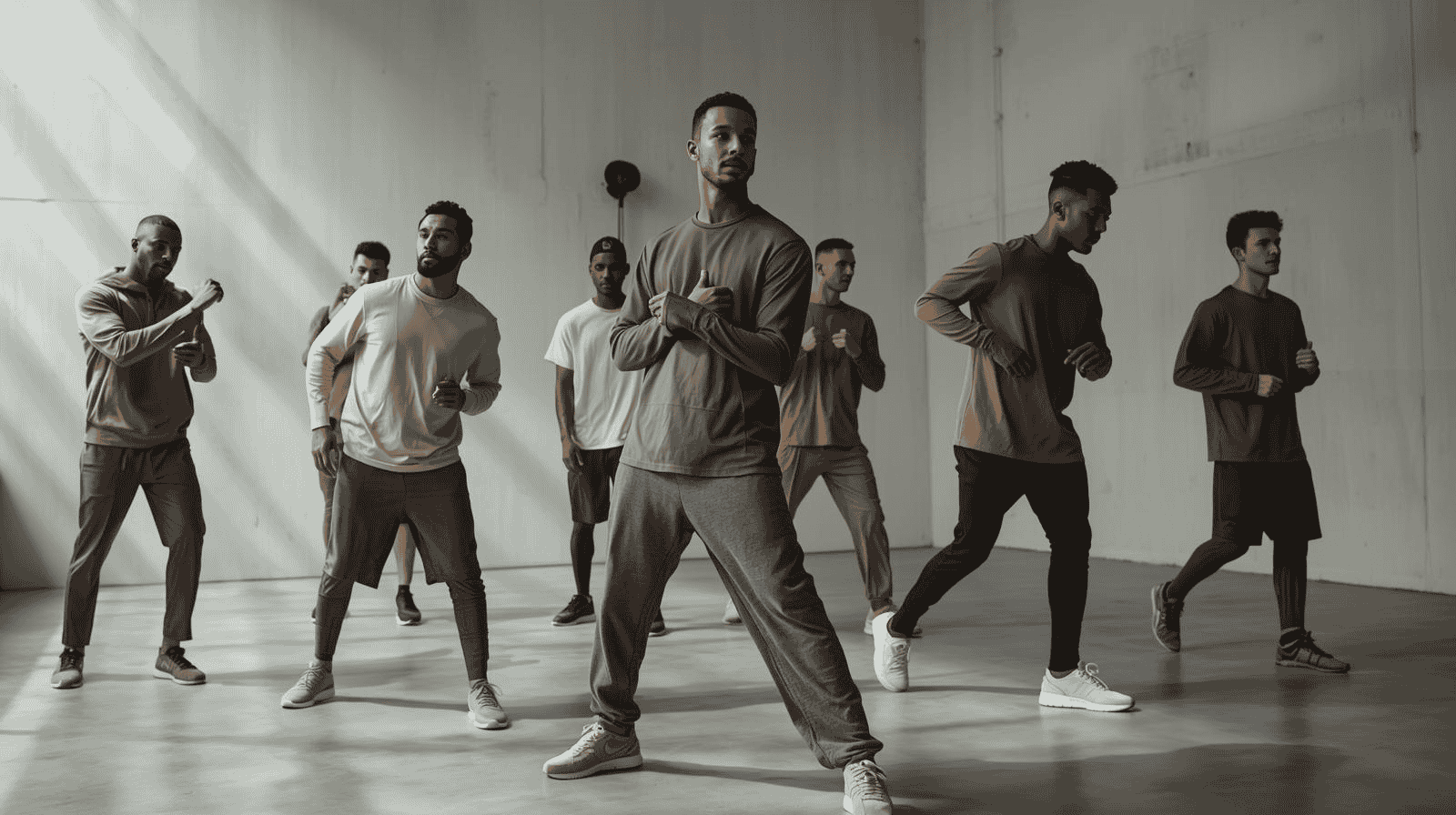 Diverse athletes wearing gender-neutral sportswear in a modern gym setting