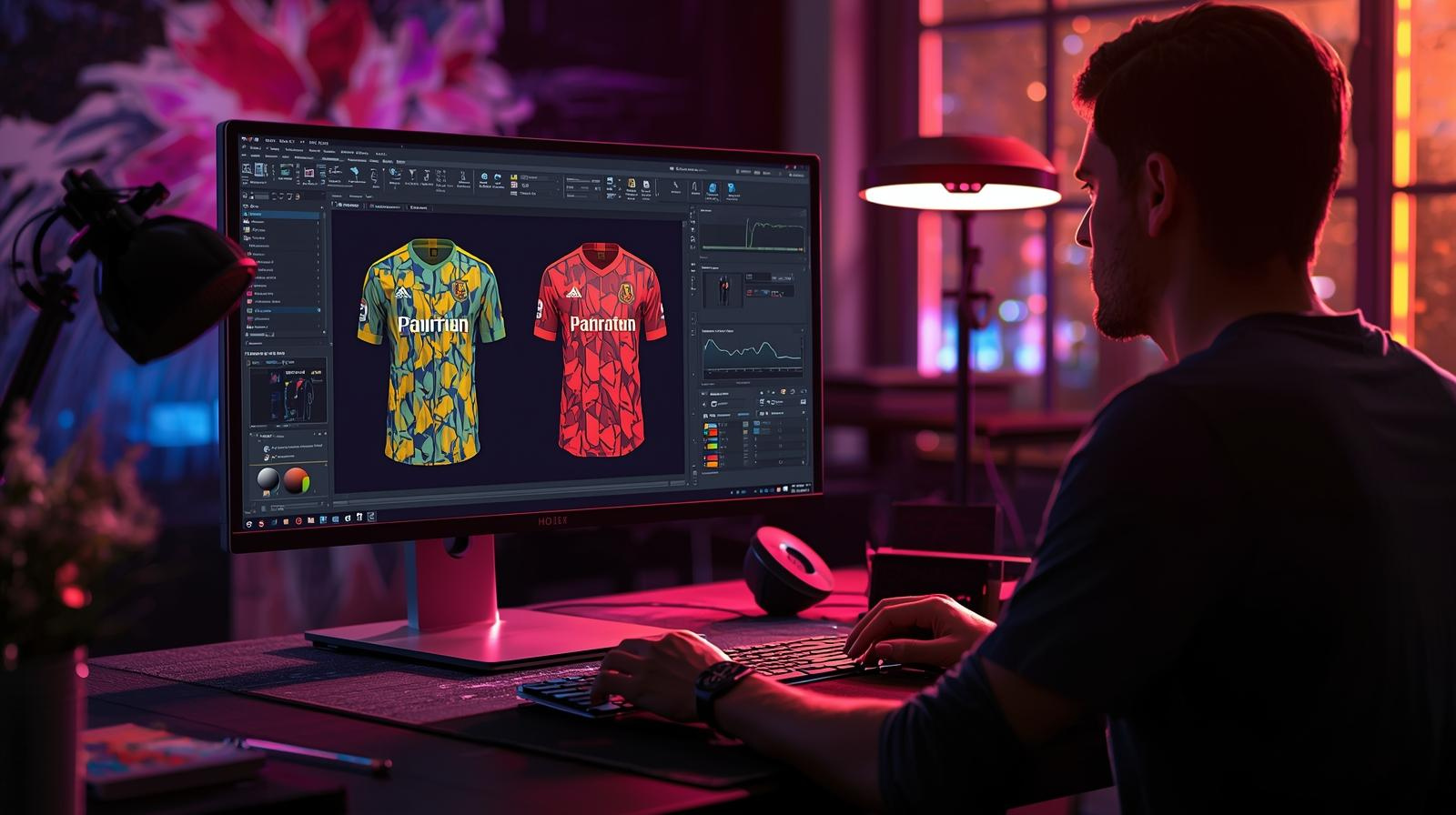 Designer preparing print-ready files for manufacturers on custom sportswear designs