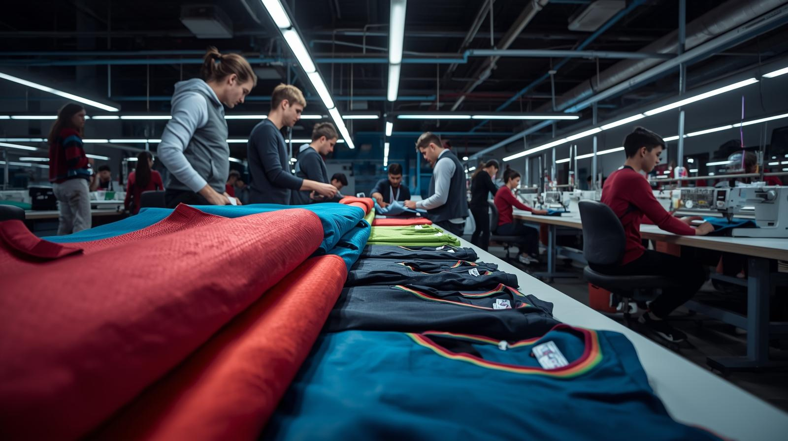 Private label sportswear manufacturing with designers reviewing custom athletic apparel samples in a modern factory