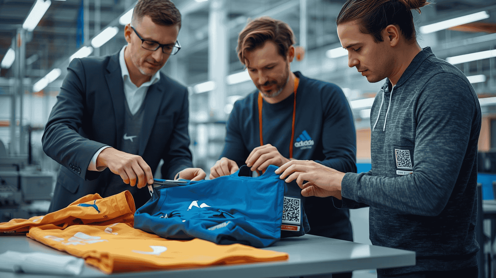 B2B buyers examining sportswear samples to protect your sportswear designs using anti-counterfeit labels and smart authentication tools