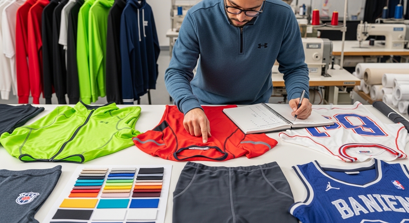 Designer and manufacturer reviewing sportswear samples with fabric swatches, stitching, and logos