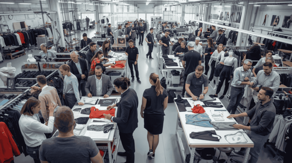 B2B buyers reviewing modern sportswear samples in a high-tech sustainable manufacturing facility with smart fabrics and digital design tools