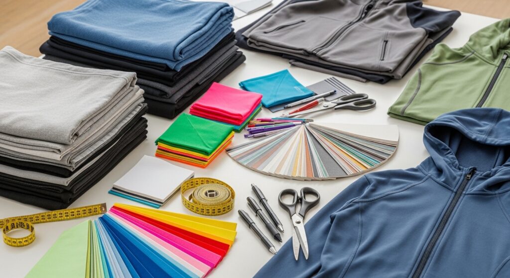 Sportswear brand team reviewing MOQ charts and production samples with manufacturers