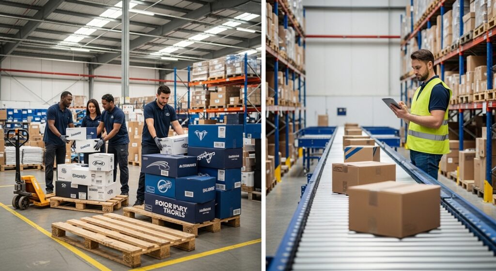 Warehouse team managing sportswear shipping and logistics with inventory checks and pallet loading