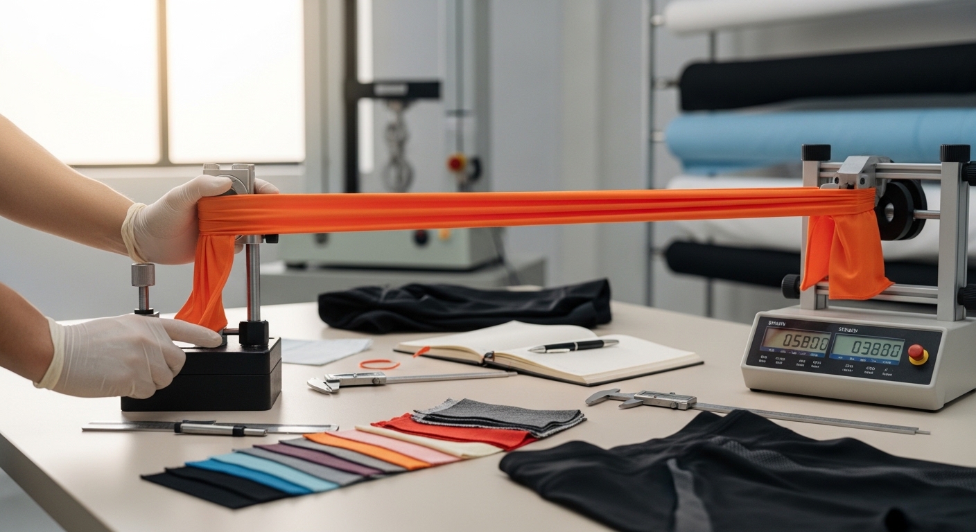 Stretch recovery testing of activewear fabric to measure elasticity and shape retention