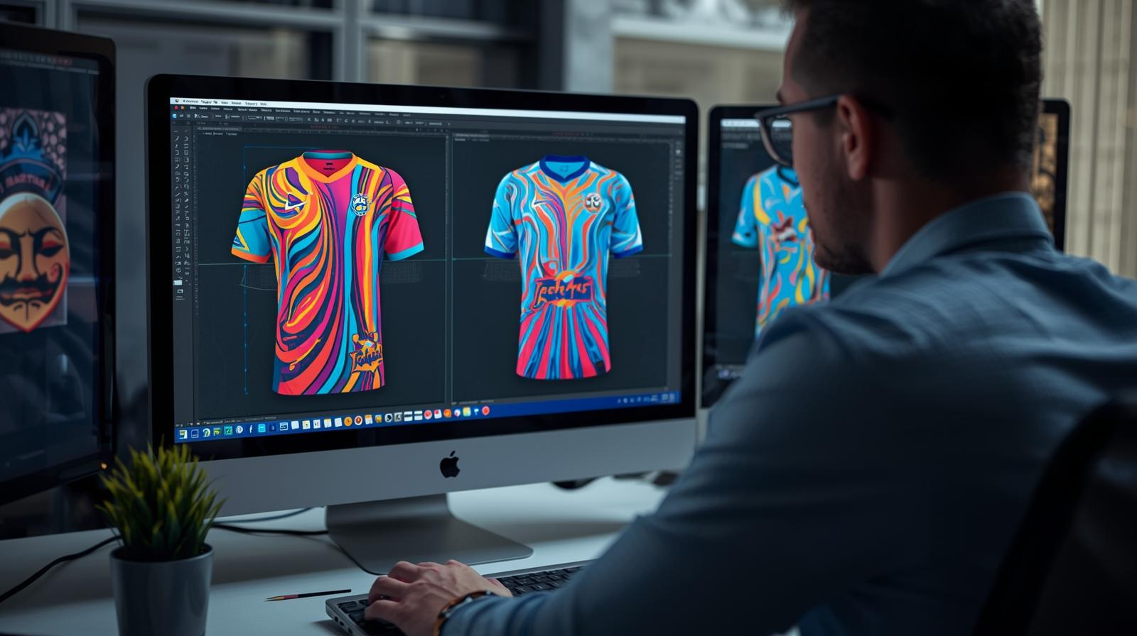 Designer preparing vector artwork for sportswear printing on custom sports jerseys