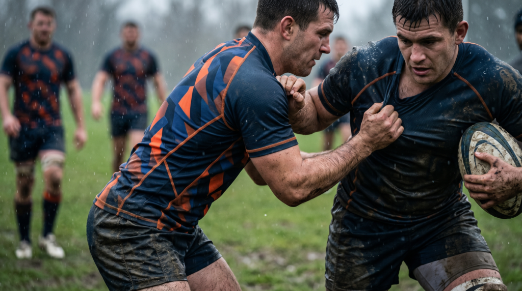 Custom wholesale rugby uniform manufacturer producing durable rugby teamwear for professional contact sports
