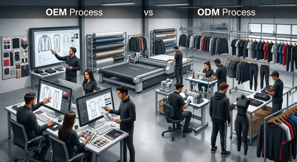 custom sportswear manufacturer showing OEM and ODM sportswear production in a modern factory with athletes’ apparel like jerseys, leggings, and gym wear