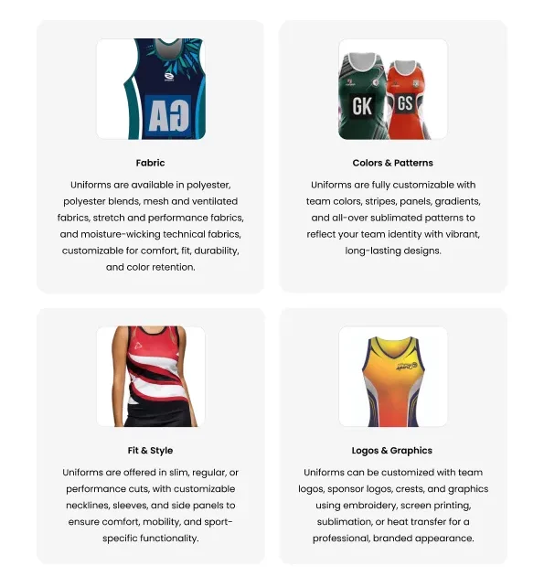netball uniform customization colors logos sublimation custom sportswear bulk supplier