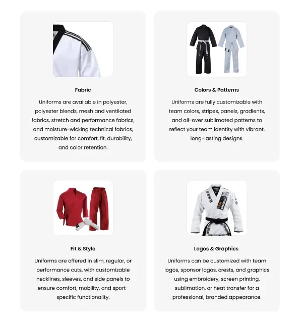 martial arts uniform customization colors logos embroidery custom sportswear bulk supplier