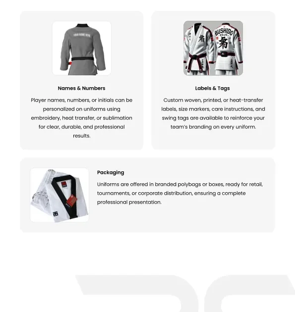 private label martial arts uniform supplier packaging labels OEM ODM apparel manufacturer